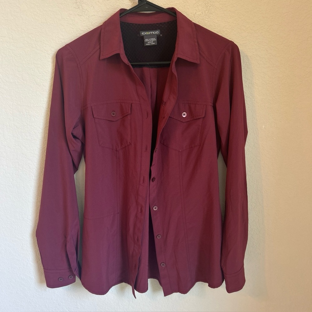 ExOfficio Shirt Womens S Maroon Long Sleeve Button Down Stretch Travel Hiking